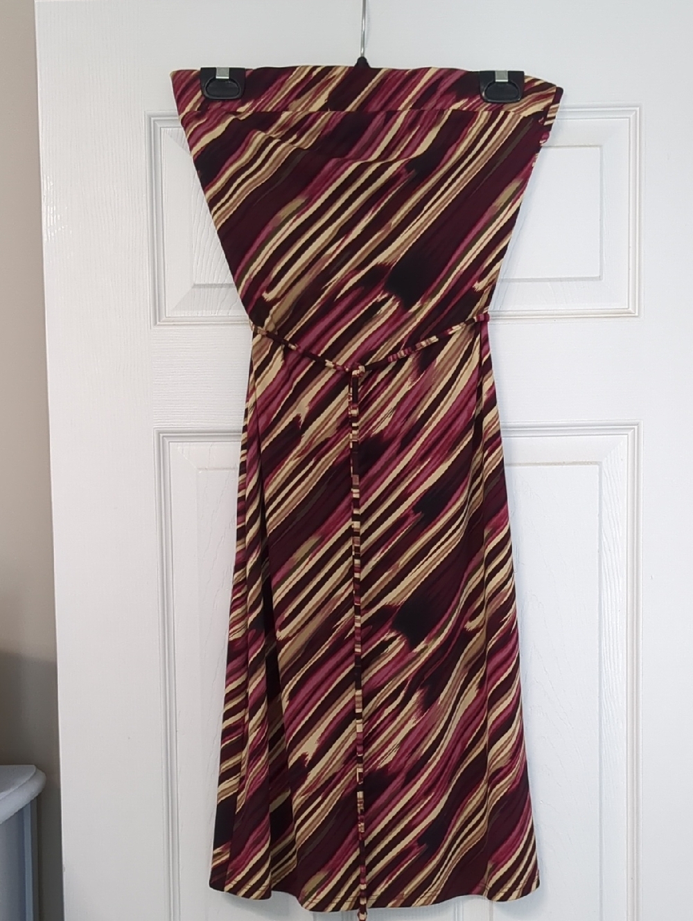Strapless Burgundy & Cream Maxi Dress with Waist Tie